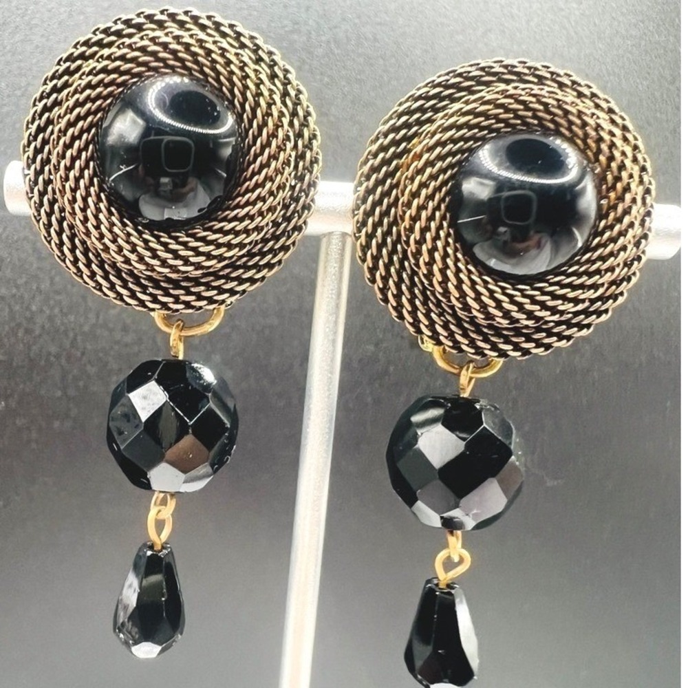 Vtg Mesh Drop Clip Earrings Black Lucite Beads Silver Brass Tone Caylia 2"X1"